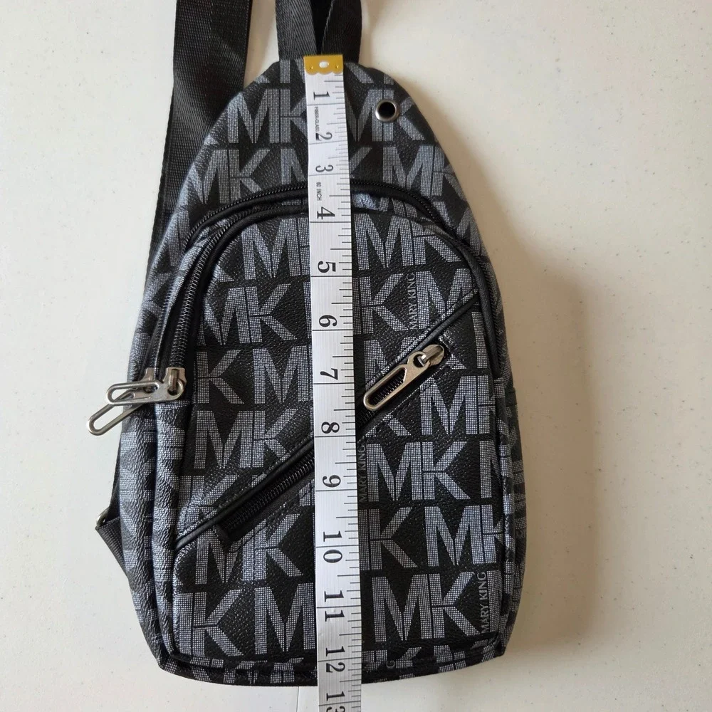 Mary King Black Monogram Sling Backpack Crossbody Bag MK Print Vegan Leather